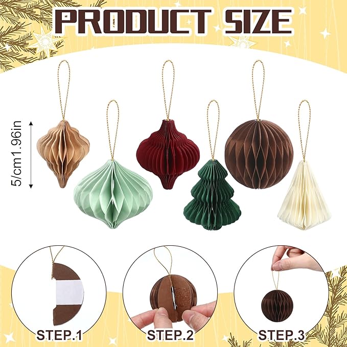 Soulchen 24 Pcs Christmas Paper Honeycomb Ornaments 3D Mini Honeycombs Lantern Vintage Christmas Hanging Ornaments Party Decorations for Xmas Tree Home New Year Decor