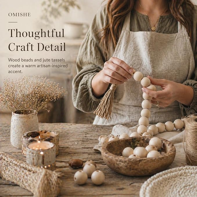 OMISHE 60" Long Extra Large Wood Bead Garland with 1.6" Diameter Wooden Beads and Tassels, Rustic Farmhouse Country Decorative Beads for Home Decor Tiered Tray Decor, Natural Beige