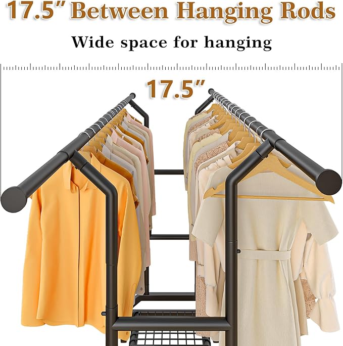 Heavy Duty Clothes Rack Double Clothing Rack 450lbs Capacity 3" Industrial Wheels 51"-71" L X 19.7" D X 73"-79" H Stury Rolling Clothes Rack Adjustable Rolling Garment Rack Black