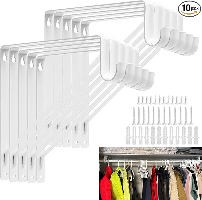 10PCS Heavy Duty Closet Rod Bracket, 11 x 11 Inch Closet Shelf Brackets,Supports 300 lbs,Wall Mount Closet Rod Supports Bracket Hook with Screws, Closet Rod Holders for Home and Closet Decor(White)