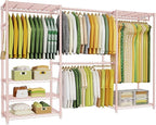Ulif E1 Heavy Duty Closet Garment Rack, 6 Tiers Adjustable Metal Freestanding Expandable Clothing Storage with 4 Hanger Rods, Easy to Assemble Wardrobe, 71.4" H x (70" - 88.2") L x 14" D, Pink