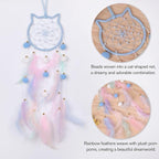 Pretty Jolly Blue Cat Kids Dream Catcher Wall Decor Pompom Feather Baby Dreamcatcher Handmade Children Dream Catcher Home Décor Wall Hanging for Nursery Bedroom Boys Girls Birthday Gift-25.6in