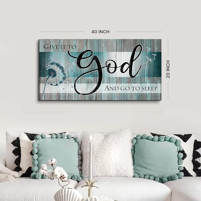 Christian Wall Decor Bible Verse Wall Art Give It to God and Go to Sleep Bedroom Pictures Faith Quote Canvas Painting Teal Religious Scripture Poster Dandelion Artwork Living Room Decorations 20x40"