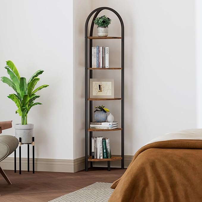 Homhedy 5-Tier Arched Corner Shelf Stand, Wall Corner Bookshelf with Metal Frame, Plant Stand, Industrial Storage Rack Shelf for Living Room, Bedroom, Office, Bathroom, Rustic Brown and Black