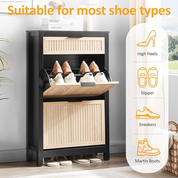 2 Flip Drawers Shoe Cabinet Storage for Entryway, Narrow Shoes Organizer Cabinet for Front Door Entrance, Free Standing Hidden Wooden Hallway Shoe Rack(Oak&Black)