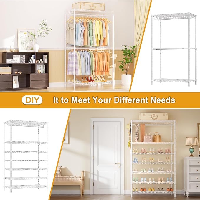 Ulif E13C Max Heavy Duty Closet Organizer System，Freestanding Clothing Racks for Hanging Clothes，Adjustable Garment Rack 86" W x16 D x77 H Hold 1100 lbs，White Rack with White Dustproof Cover