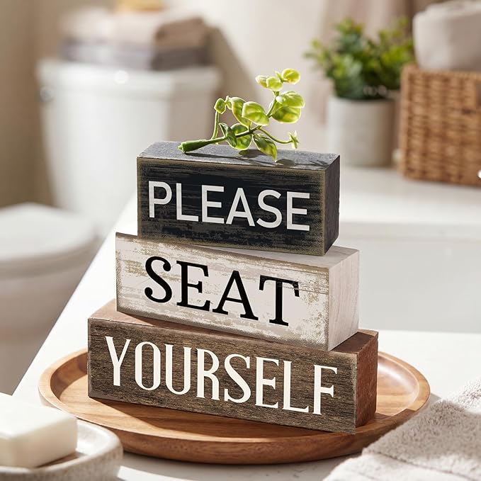 Moucuny 4 Pcs Bathroom Shelf Decor Farmhouse Bathroom Decor and Accessories Please Seat Yourself Sign Rustic Eucalyptus Leaves Wood Block Sign Gift Home Table Centerpiece for Home Office