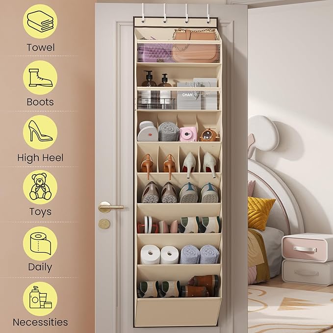 16-20 Pairs Over the Door Shoe Organizer, Clear Pockets Shoe Rack for Closet Door, Hanging Shoe Rack for Boots, Behind the Door Shoe Holder Fit All the Family's Sneakers, Boots, Heels, Beige