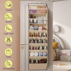 16-20 Pairs Over the Door Shoe Organizer, Clear Pockets Shoe Rack for Closet Door, Hanging Shoe Rack for Boots, Behind the Door Shoe Holder Fit All the Family's Sneakers, Boots, Heels, Beige