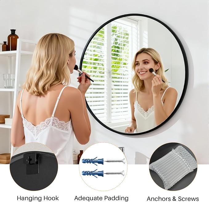 Bathroom Mirror for Wall, 24 Inch Round Mirror, Matte Black Metal Framed Circle Vanity Mirror for Bathroom Bedroom Living Room Entryway, Anti-Rust, Tempered Glass, Hanging or Leaning