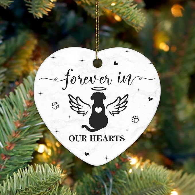Hyturtle Dog Memorial Heart Ornament - Ceramic Pet Loss Keepsake with Angel Wings - Forever in Our Hearts Remembrance Christmas Ornament for Dog Lovers - 3 Inch Ceramic Hanging Gift Memorial 8