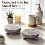 Romadedi Farmhouse Wood Riser for Display - Set of 2 Rustic Decor Mini Wooden Pedestal Stand Decorative Round Tray for Home Table Bathroom Counter Shelf Kitchen, Whitewashed