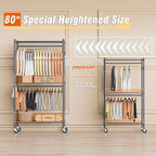 Homdox Garment Rack Heavy Duty, 3 Tier Rolling Clothing Racks for Hanging Clothes, Metal Wardrobe Closet, Free-Standing Clothes Organizer Rack with Double Rods & Side hooks, Gray