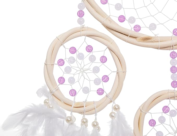 Large Rattan Dream Catchers - Light Purple Rooster Feather with Luxury Pearl, Multiring, Handmade Dreamcatcher for Bedroom, Dream Catcher for Girls, Dream Catchers for Boys, Dream Catcher Wall Decor