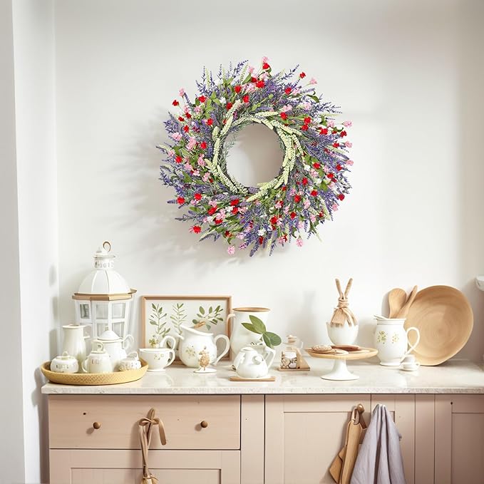 LZNPA 26 Inch Large Lavender Wreath for Front Door Greenery Summer Spring Wreaths for Front Door Wreaths for Front Door All Seasons for Wedding Farmhouse Wall Porch Window Decor(Red Pink Lavender)