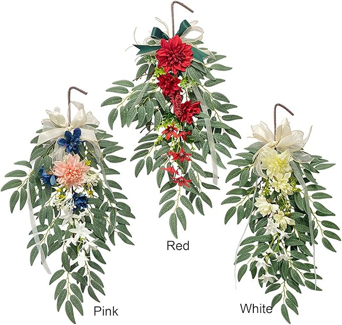 belupai 26.4 Inch Artificial Willows Swag with Flowers, Fake Wall Hanging Greenery Teardrop Dahlia Wreath Eucalyptus Garland with Bow Ribbon for Front Door Farmhouse Decor(White)