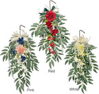 belupai 26.4 Inch Artificial Willows Swag with Flowers, Fake Wall Hanging Greenery Teardrop Dahlia Wreath Eucalyptus Garland with Bow Ribbon for Front Door Farmhouse Decor(White)