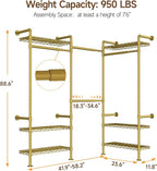 L3 Industrial Pipe Closet Organizer System, Wall Mounted Clothes Rack Clothing Racks with 4 Telescopic Rods & 6 Shelves , Heavy Duty Closet System in Wardrobe Closet (Gold)