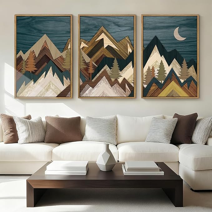BINCUE Framed Mountain Wall Art Landscape Wall Decor Moon and Nature Artwork Mountains Wall Pictures Nature Landscape Art Prints Rustic Mountain Paintings for Farmhouse Bedroom Living Room Office 16x24 Inches Set of 3