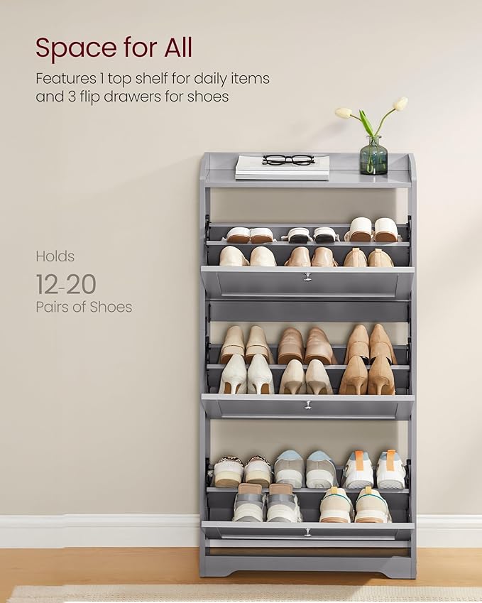 VASAGLE Shoe Cabinet with 3 Flip Drawers, Shoe Organizer, Adjustable and Removable Dividers, Holds 12-20 Pairs, Entryway, 9.4 x 23.6 x 47.7 Inches, Dove Gray ULBC036GD02S