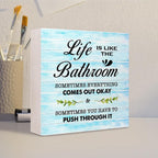Blue Wood Life is Like The Bathroom Wooden Box Sign Desk Decor,Funny Bathroom Wood Block Sign for Farmhouse Toilet Shelf Decor