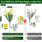 TURNMEON 20 Bundles Artificial Flowers for Outdoors Fake Plants Spring Decor, UV Resistant Artificial Plants Cemetery Flowers Faux Plastic Greenery Shrubs for Porch Yard Summer Decor 500 Heads(Yellow)