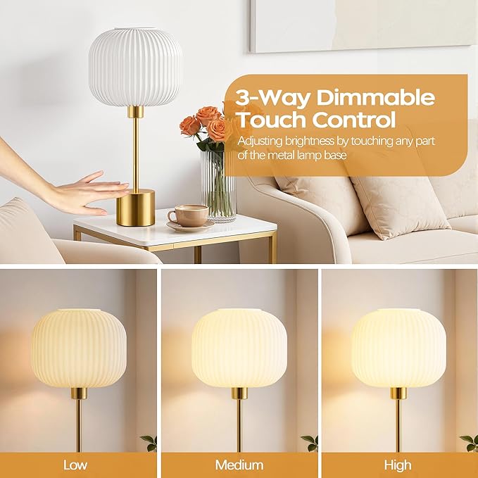 QiMH Glass Table Lamp for Living Room, Modern Bedside Lamp with Gream Ribbed Glass Shade, 3-Way Dimmable Touch Control Nightstand Lamp for Bedroom, Brushed Gold (2700K LED Bulb Included)