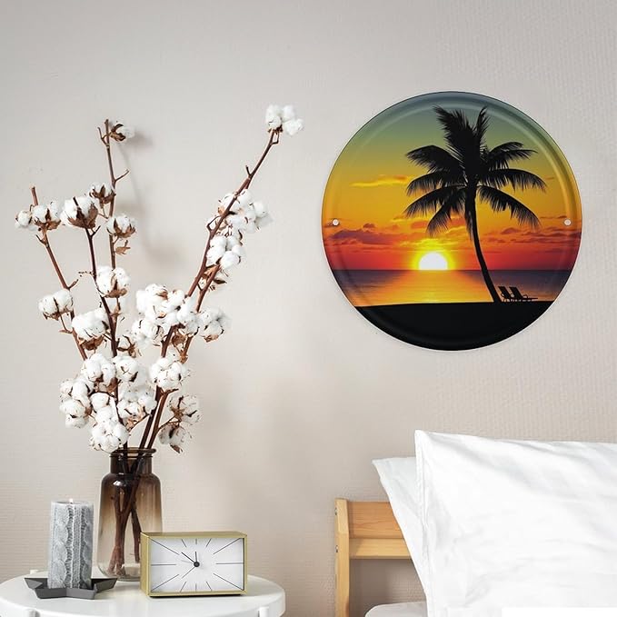 Wall Picture, with Sunset Palm Tree Printed Circular Iron Hanging Picture,Wall Art Decor,Home for Bedroom Living Room Bathroom Decor,Iron Painting 11.8X11.8 in