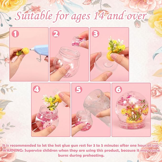 Fiwochic 16 Sets Flower Snow Globes Kit with 16 Clear Plastic Globes, 8 Styles Resin Flower Bouquets, Bottles Glitter, Mini Hot Glue Gun with Glue Sticks and Ribbon for DIY Crafts