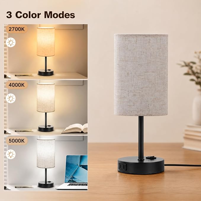 ZJOJO Table Lamp for Bedroom Set of 2, Bedside Small Lamps with 3 Way Dimmable Rocker Switch and AC Outlet, Nightstand Desk Lamp with Flaxen Fabric Shade Black Base for Living Room Home Decor Lights