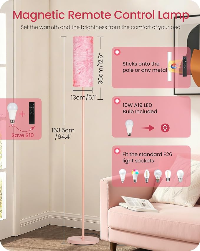 Dimmable Floor Lamps for Living Room with Remote and Foot Switch, 64.4” Modern Standing Tall Lamp, Corner Lamp for Bedroom, Bulb Included, 3000K-6500K, FCC Listed, Sakura Pink PCP06LD05W1