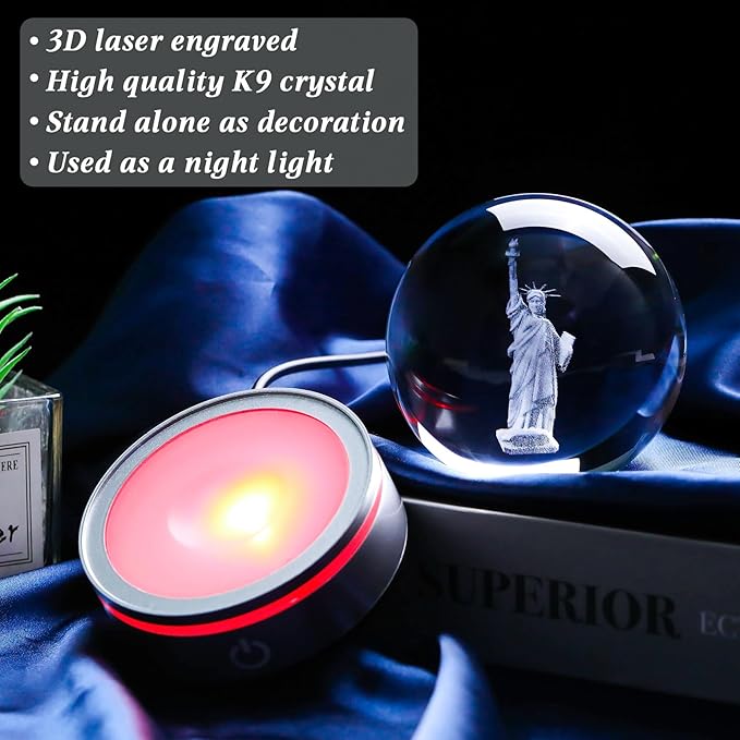 Movdyka 3D Crystal Ball Statue of Liberty Figurine New York City Souvenirs Gifts for Women Men Friends, Laser Etched Liberty Statue Ornaments Model with Light Base, USA Souvenir Decor NYC Gifts