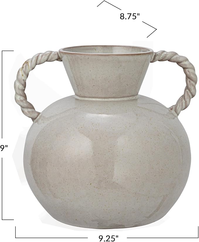 9.25 Inches Stoneware Vase with Twisted Handles and Reactive Glaze, Cream Color