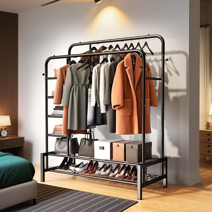 Clothes Rack, Double Rods Clothing Rack with 2 Bottom Shelves & 4 Side Shelves, Metal Garment Rack for Hanging Clothes, Heavy Duty Clothes Rack for Bedroom, Laundry, Living Room, Black