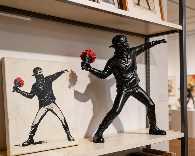 Banksy Flower Thrower Sculpture, 8.5 inch Black Banksy Street Graffiti Art Statue Replica, Inspirational Sculpture Gifts Peace Hope
