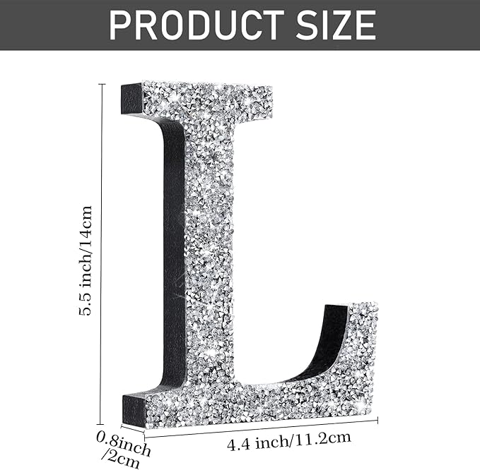 Qunclay 5.7" Silver Crystal Diamond Bling Letters Crushed Diamond Decoration Wooden Glitter Letter with Screw and Hooks Rhinestone Gift for Wedding Y2k Mcbling Bedroom Wall Decor (Letter L)