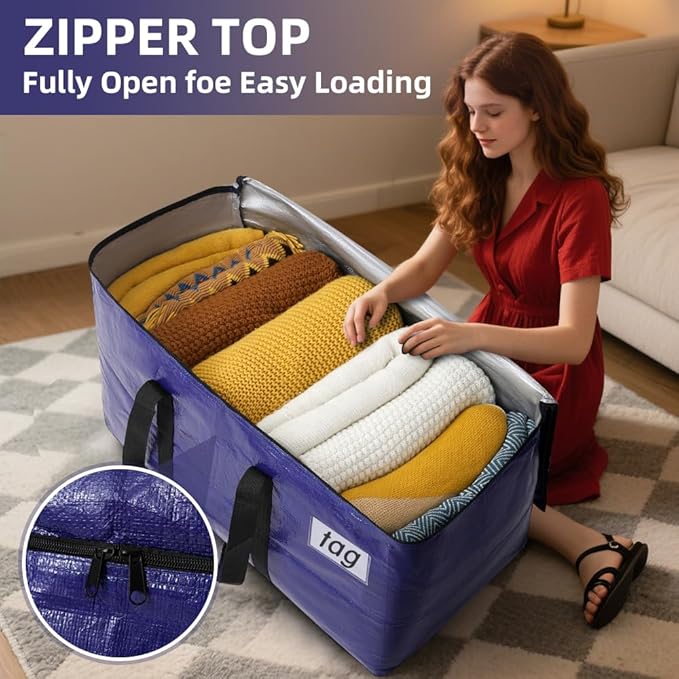 Cryster 10-Pack Blue Moving Bags with Strong Zippers,Heavy Duty Storage Totes With Comfortable Handles,Large Storage Totes for Student Supplies