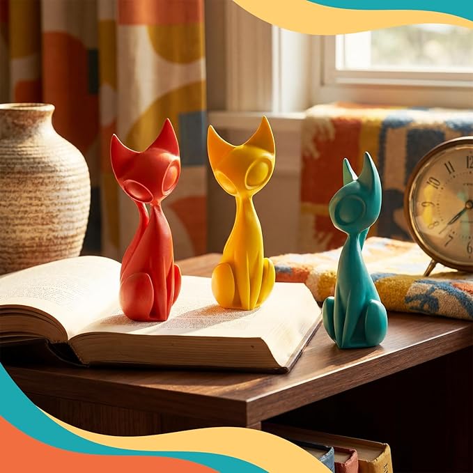 AceOrbit 3pcs Mid Century Modern Decor Medieval Table Decor Resin Cats Orange Blue and Yellow Resin Cats for Home Desktop Sculpture Office Table Desktop Bookshelf Mantelpiece Shelf Centerpiece