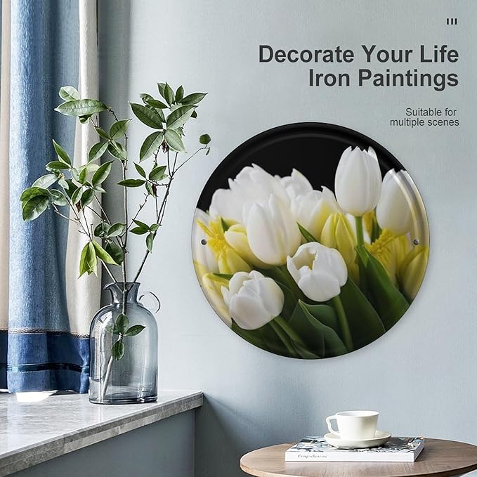 Wall Picture, with Different Flowers Printed Circular Iron Hanging Picture,Wall Art Decor,Home for Bedroom Living Room Bathroom Decor,Iron Painting 11.8X11.8 in