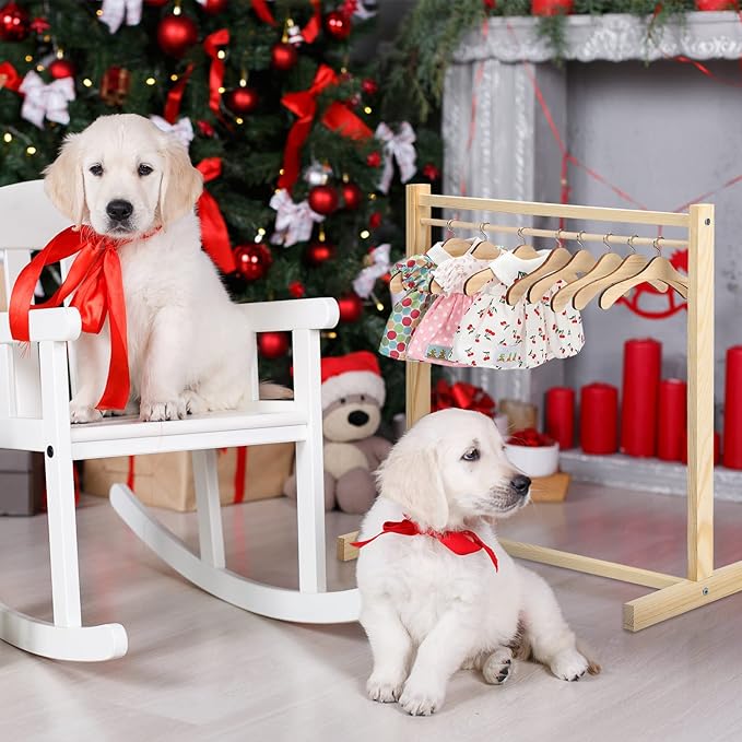Estune Dog Garment Rack with 12 Wood Pet Clothes Hanger Wooden Dog Dress up Storage Small Closet Pet Clothes Organizer Accessories for Doll Cat and Puppy(Small)