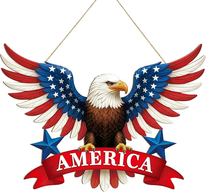 Wooden 4th of July Decoration Door Wreath for Front Door Sign America Eagle Wall Signs,250 Anniversary Independence Day Patriotic Day Wreath Welcome Memorial Day Hanging for Home Party Outdoor Indoor