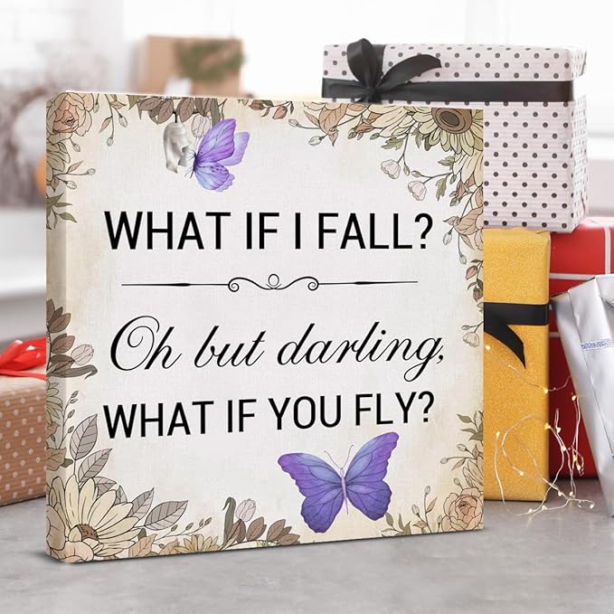 Inspirational Purple Butterfly Wall Art Decor, What If You Fly Motivational Quote Canvas Painting Artwork Picture Posters for Teens Room Bedroom Office (8 X 8 Inches, Framed)