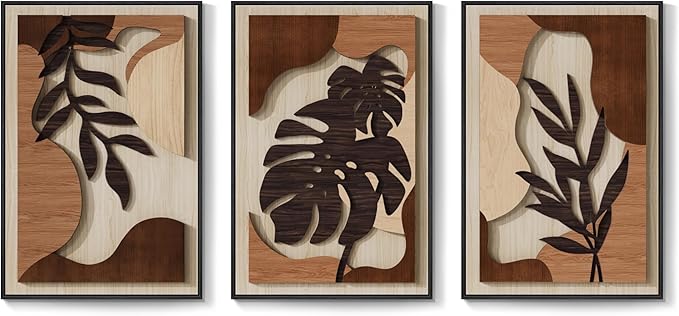 Framed Wood 3D Boho Textured Wall Art Bedroom, 3 Piece Tropical Botanical Carved Wooden Artwork for Walls, Brown Monstera Leaf Wood Wall Art Decor for Living Room Dining Room Home Office, 16x24 Inch