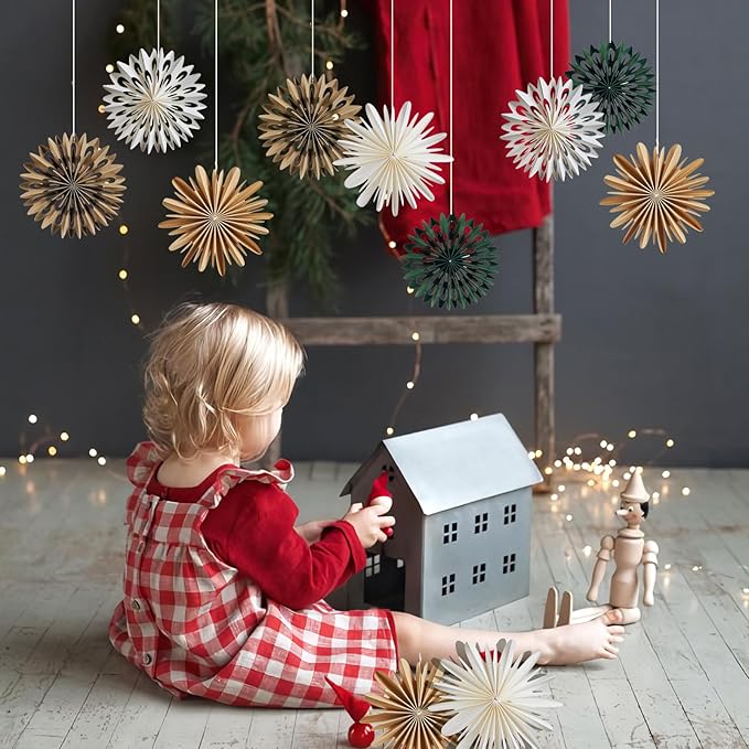 EASY JOY Christmas Hanging Decorations - 9Pcs 3D Christmas Tree Paper Hanging Decor Green White Light Brown Snowflake Ornaments Christmas Decorations Outdoor Indoor for Xmas New Year Window Boho Door