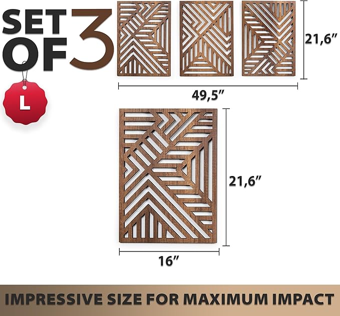 qmmp Modern Wooden Wall Sculptures - Set of 3 - Home Decor Accent - Large Wall Art for Living Room, Bedroom, Office - Easy Installation (Walnut, Large - Direction)
