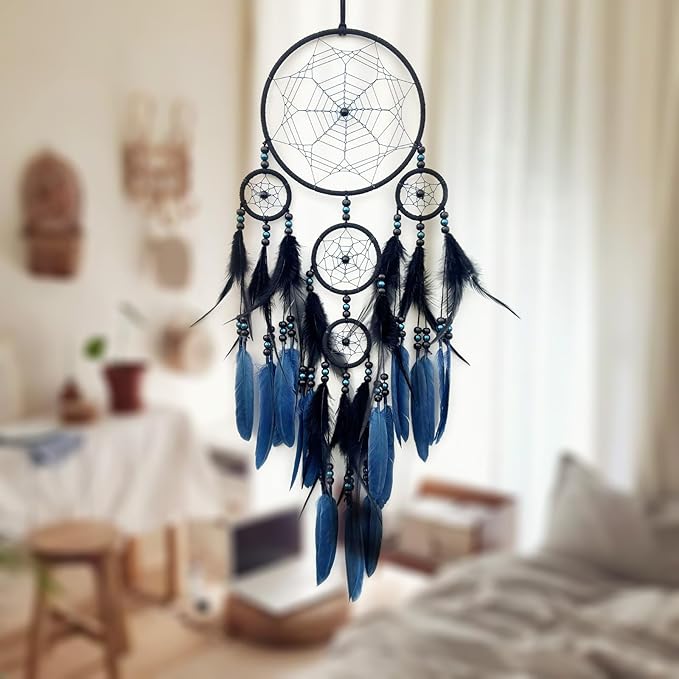 Blue and Black Dream Catcher Large Dream Catchers Wall Decor Handmade Feather Dreamcatcher Wall Hanging Ornament for Bedroom Living Room Home Decor