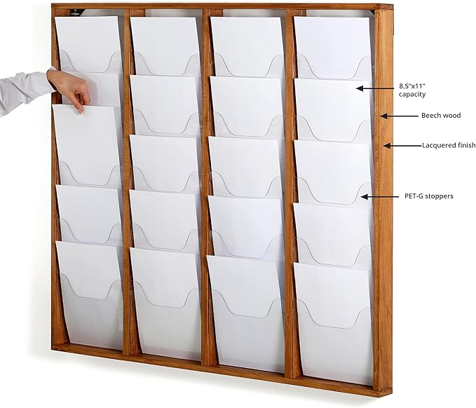 M&T Displays Wal Mount Dark Wood Magazine Brochure Rack Wooden Leaflet Literature Catalog Holder Easy Assembly Durable Clear PET G Pocket 20x(8.5x11) Inch for School Office Hospital Hotel Indoor