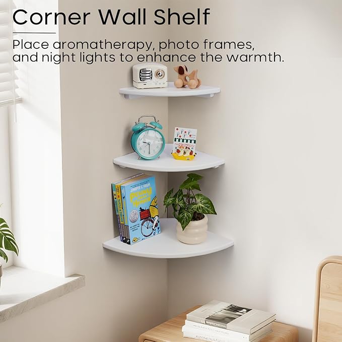 White Corner Shelf, Wall Mount 7inch Natural Oak Wood Floating Corner Wall Shelf Round End Small Corner Nightstand Plant Shelf for Bedroom, Kitchen, Living Room Set of 2…