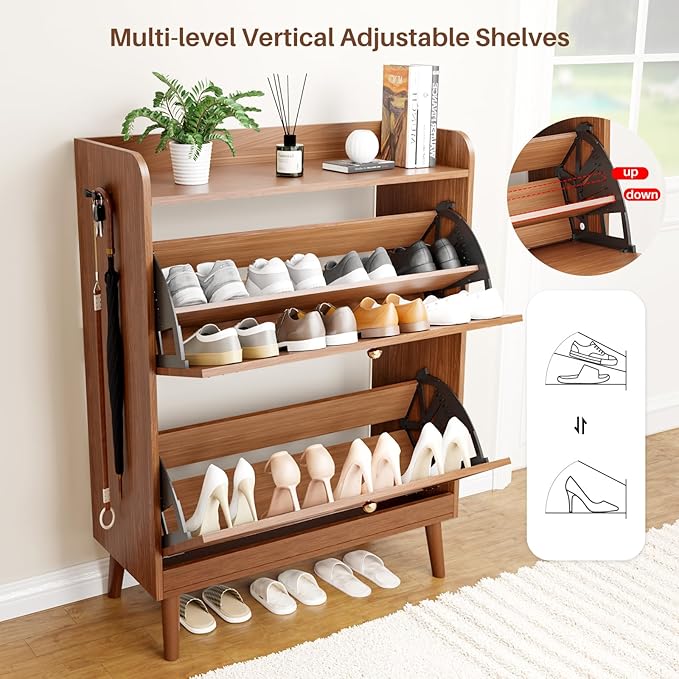 Shoe Storage Cabinet with 2 Flip Drawers, Entryway Shoe Cabinet with 2 Metal Hooks & Adjustable Shelves Freestanding Shoe Organizer Narrow Shoe Rack for Entrance Hallway Foyer Front Door,Walnut