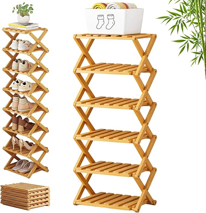 The 9-Tier No-Assembly Bamboo Rack, 3-9 Tiers Bamboo Shoe Rack, Foldable Bamboo Vertical Shoe Organizer, Multifunctional & Space-Saving, For Entryway, Closet, Corner, Bedroom, Hallway (Wood, 6Tiers)